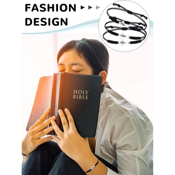 48 Black Christian Friendship Bracelets Array Faith Hope Love Adjustable Cross R - Picture 6 of 6